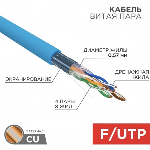 Кабель витая пара REXANT CAT6 FTP 4PR 23AWG (бухта 305 м) Фото