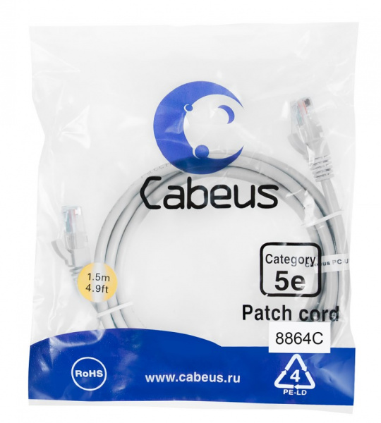 Cabeus PC-UTP-RJ45-Cat.5e-1.5m-LSZH Патч-корд U/UTP, категория 5е, 2xRJ45/8p8c, неэкранированный, серый, LSZH, 1.5м Фото