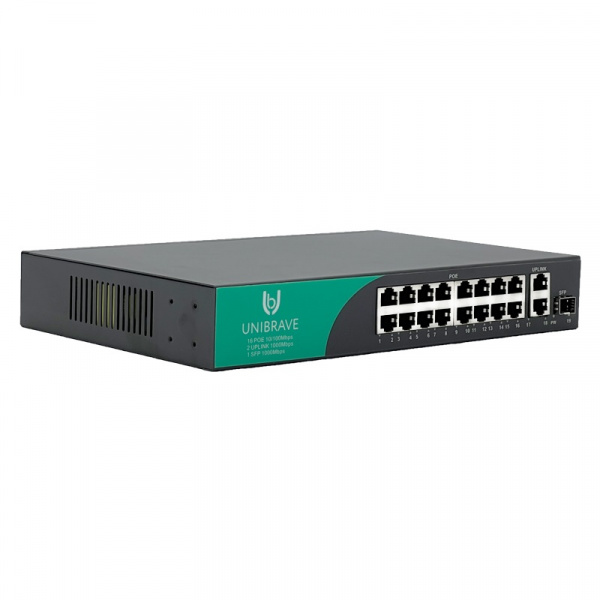 UB-SW-16F2G1SFP-200 Base Неуправляемый коммутатор Unibrave с поддержкой PoE на 16 портов, 2 Uplink 1000 Мбит/c и 1 SFP (200 Вт) Фото