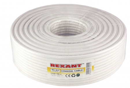 Кабель коаксиальный REXANT RG-6U+Cu, 75 Ом, Cu/Al/Cu, 64%, бухта 100 м Фото