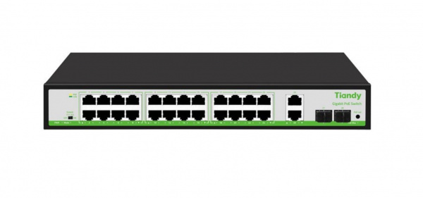 Неуправляемый РоЕ коммутатор, 28 портов (24 РоЕ 1Гбит/с + 2 Uplink 1Гбит/с + 2 Uplink SFP 1Гбит/с) Фото