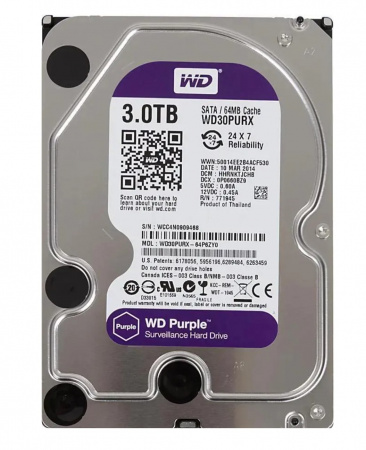 Жесткий диск 3TB WD Purple WD30PURX {Serial ATA III, 5400- rpm, 64Mb, 3.5