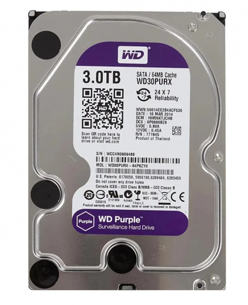 Жесткий диск 3TB WD Purple WD30PURX {Serial ATA III, 5400- rpm, 64Mb, 3.5"}